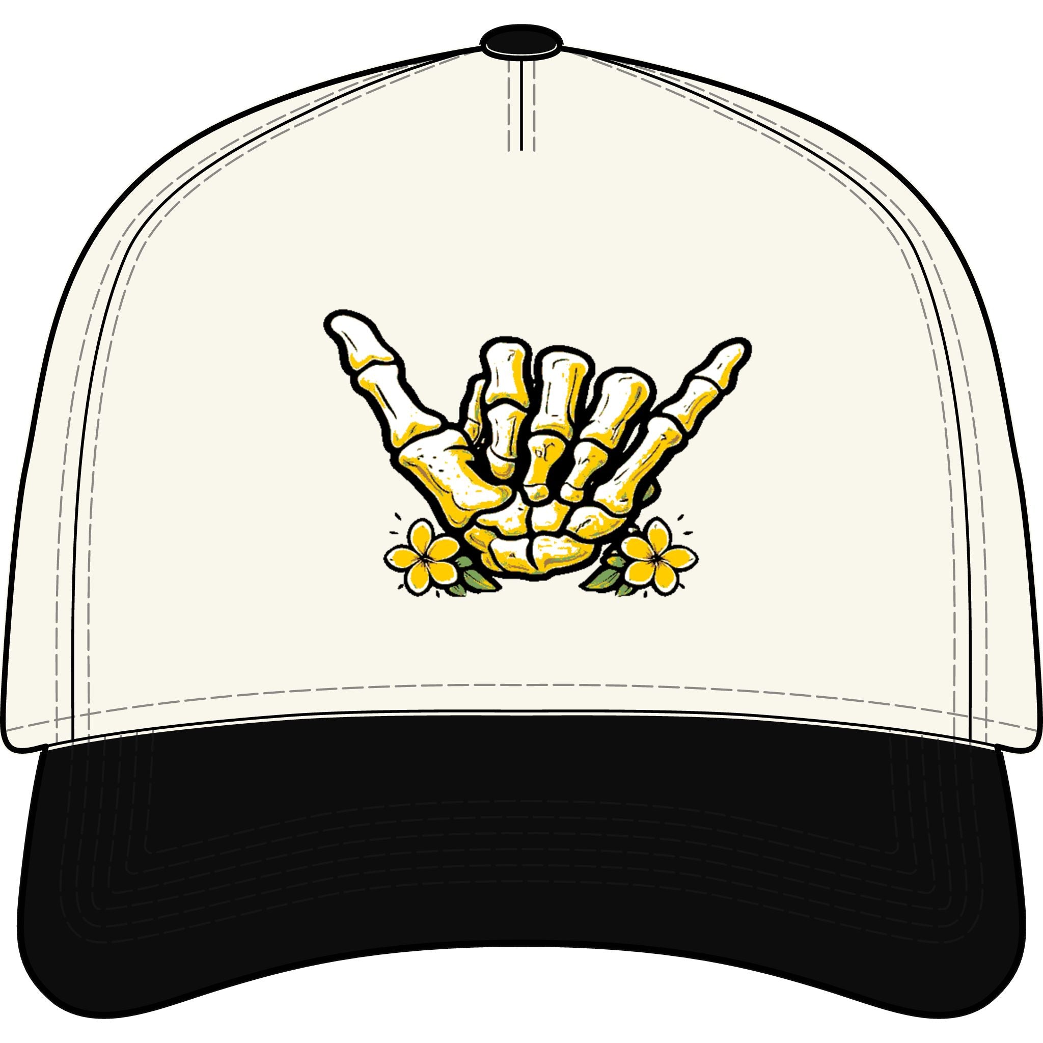 Shaka Skeleton Hand Trucker Hat — Two-Tone Floral Surf Cap